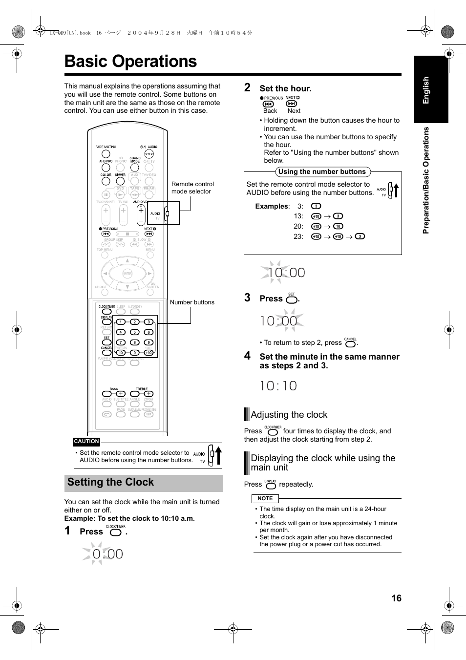 Basic operations, Setting the clock | JVC CA-UXQD9S User Manual | Page 135 / 174