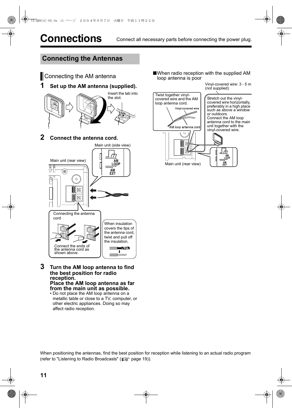 Connections, Connecting the antennas, Connecting the am antenna | JVC CA-UXQD9S User Manual | Page 14 / 174