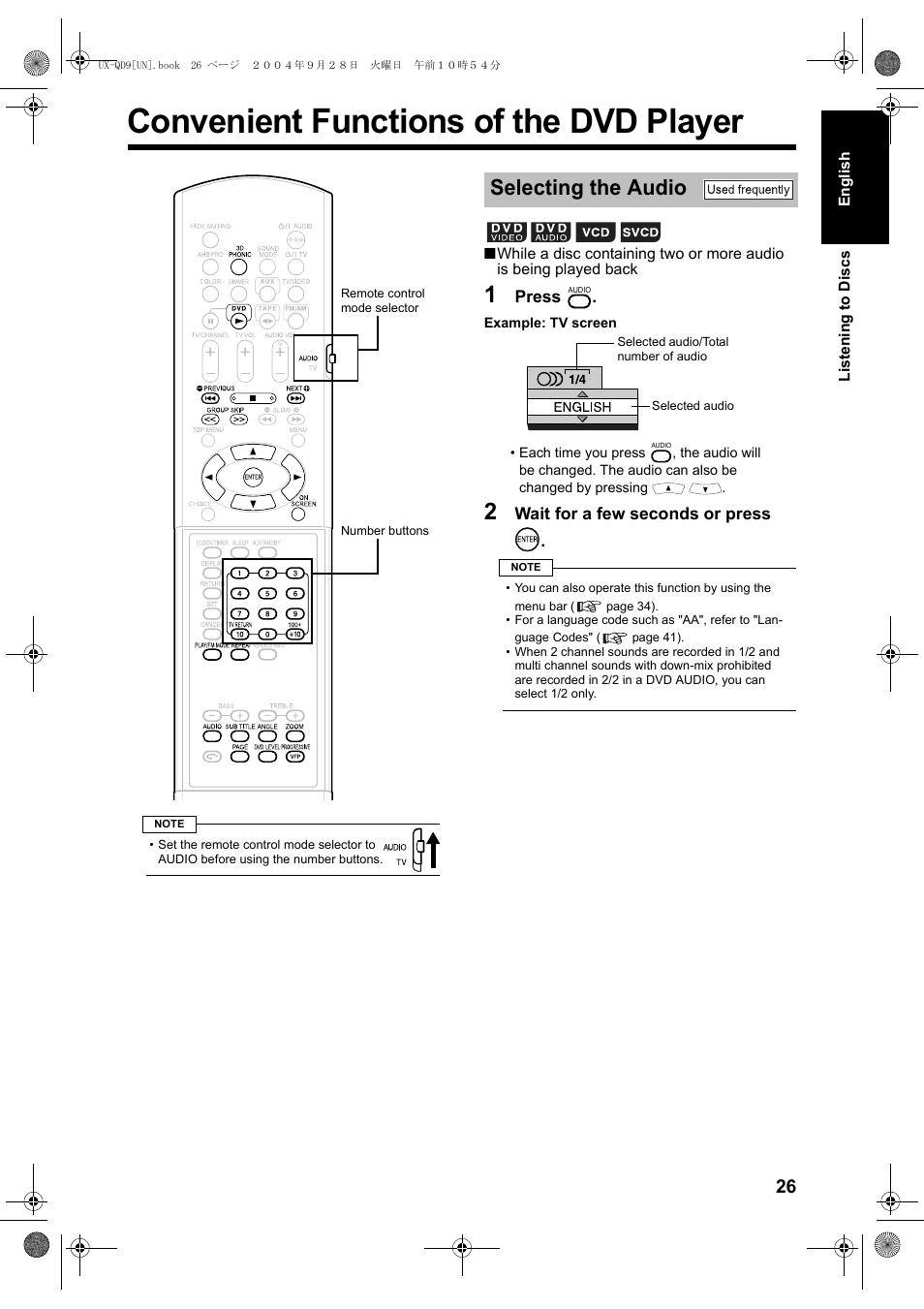 Convenient functions of the dvd player, Selecting the audio | JVC CA-UXQD9S User Manual | Page 145 / 174