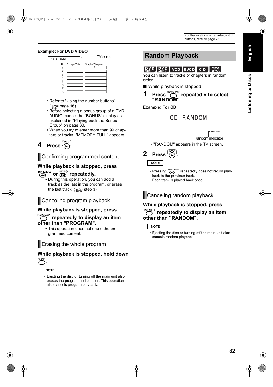 Random playback, Canceling random playback | JVC CA-UXQD9S User Manual | Page 151 / 174