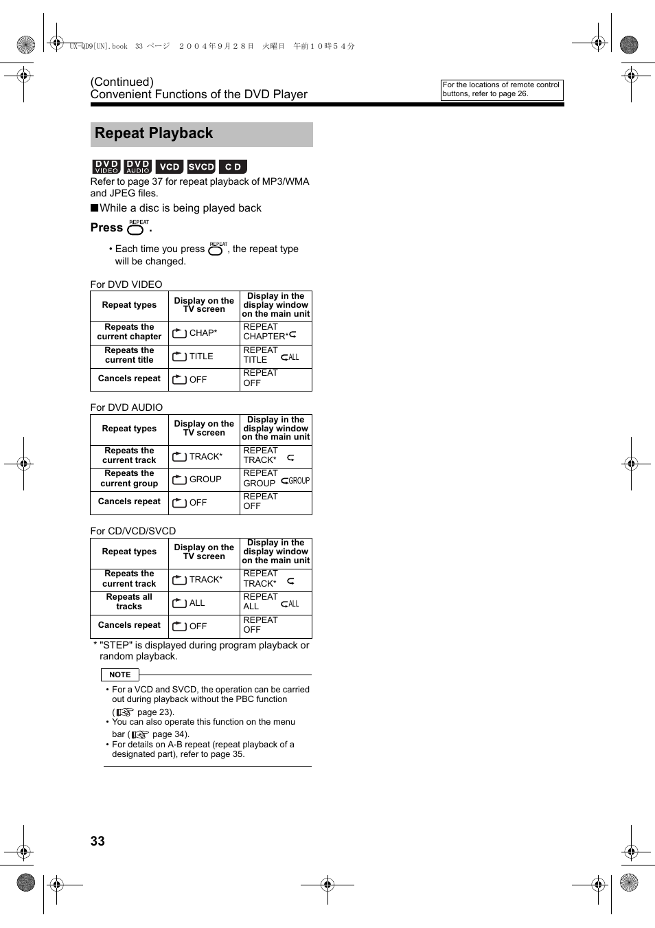 Repeat playback, Continued) convenient functions of the dvd player, Press | JVC CA-UXQD9S User Manual | Page 152 / 174