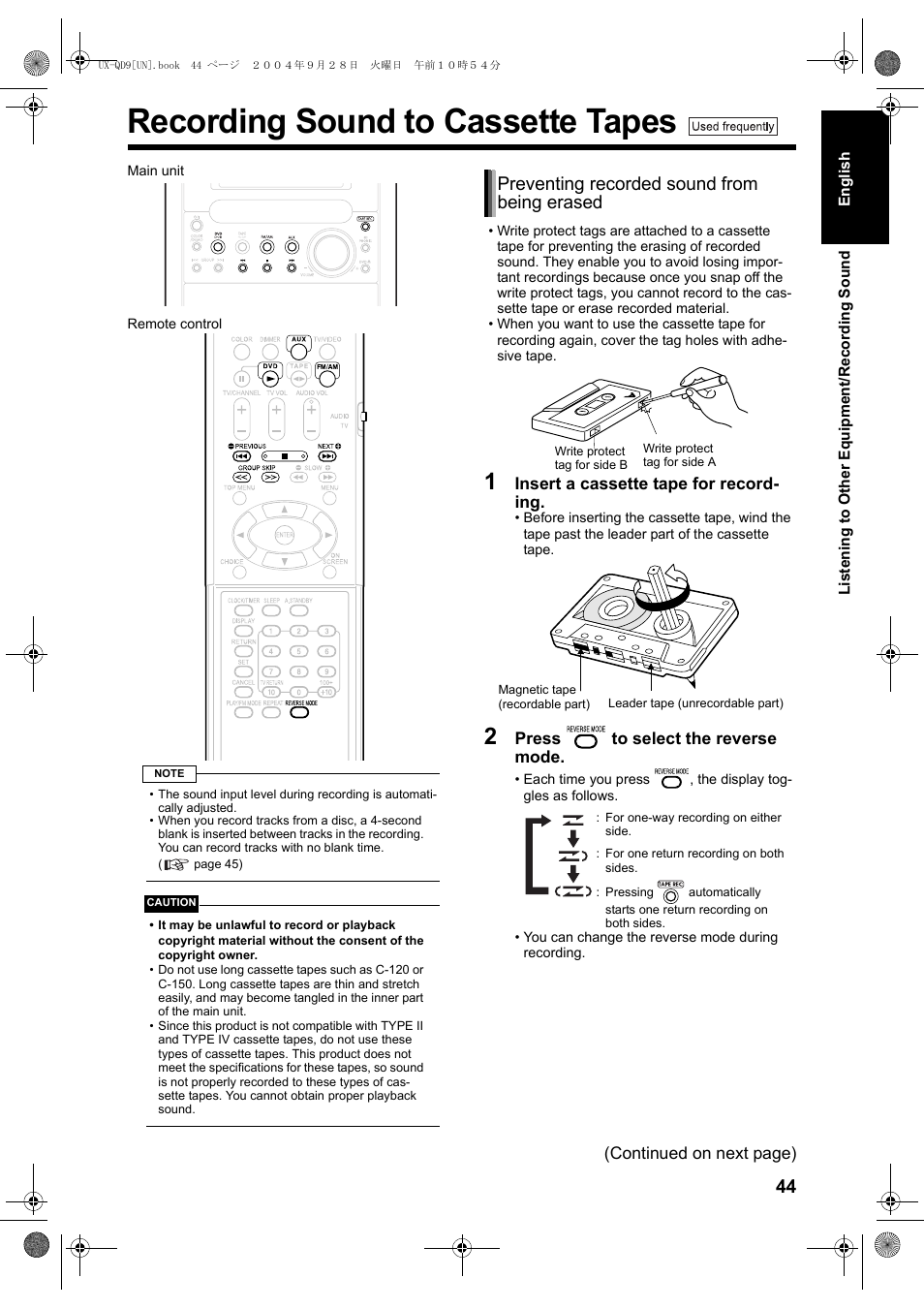 Recording sound to cassette tapes, Preventing recorded sound from being erased | JVC CA-UXQD9S User Manual | Page 163 / 174