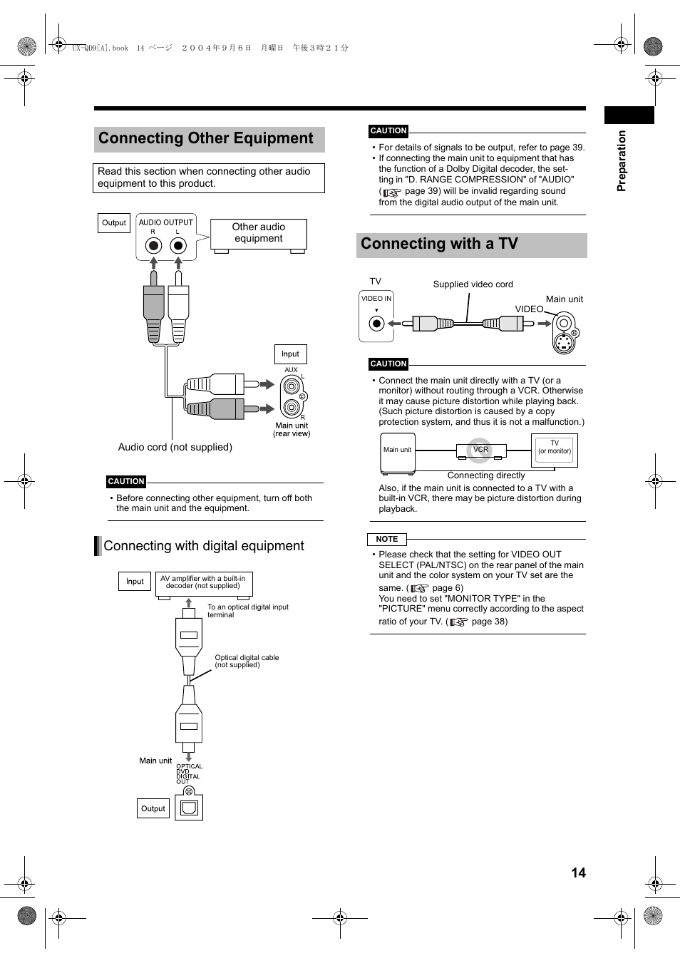 Connecting other equipment, Connecting with a tv, Connecting with digital equipment | JVC CA-UXQD9S User Manual | Page 17 / 174