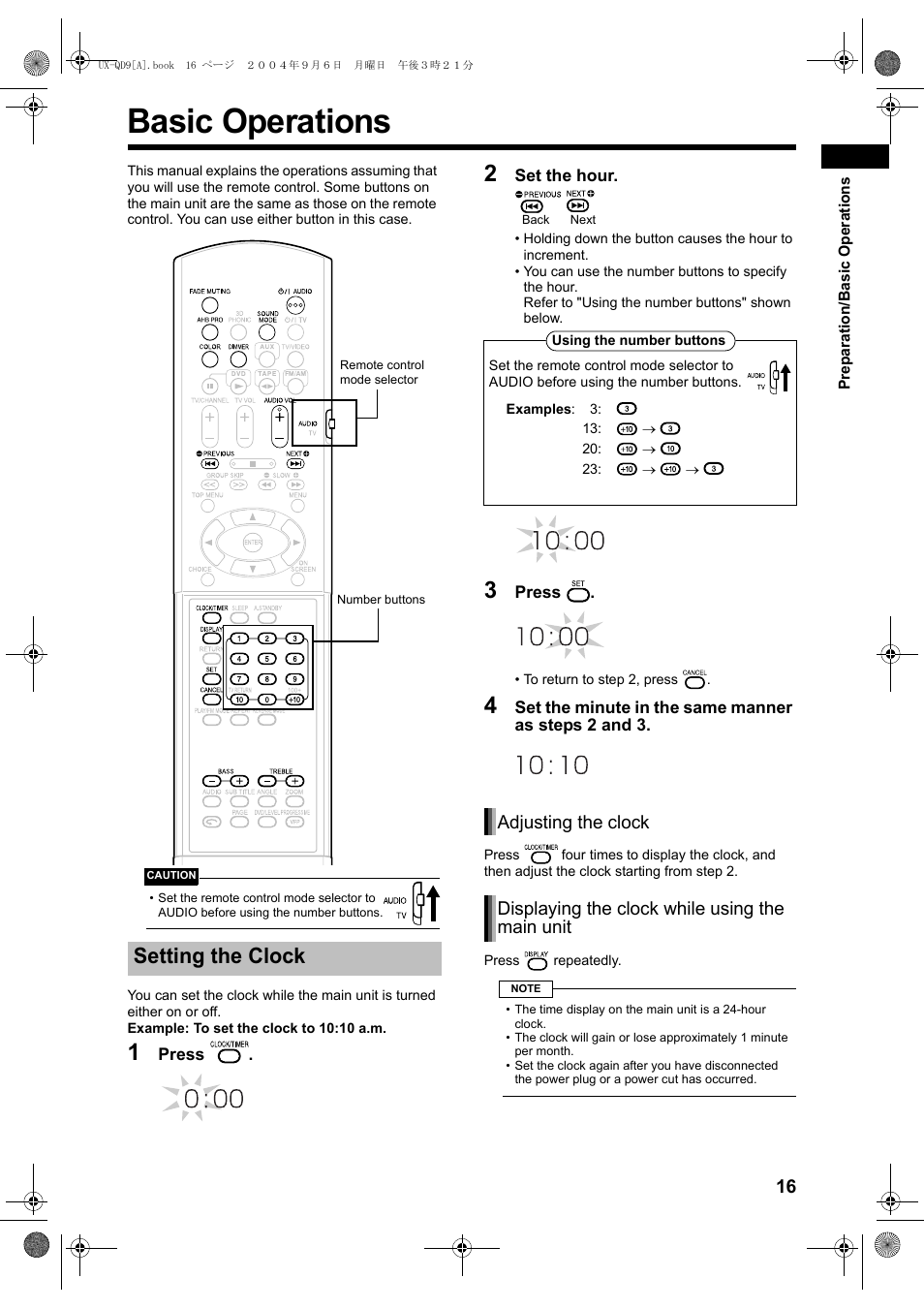 Basic operations, Setting the clock | JVC CA-UXQD9S User Manual | Page 19 / 174