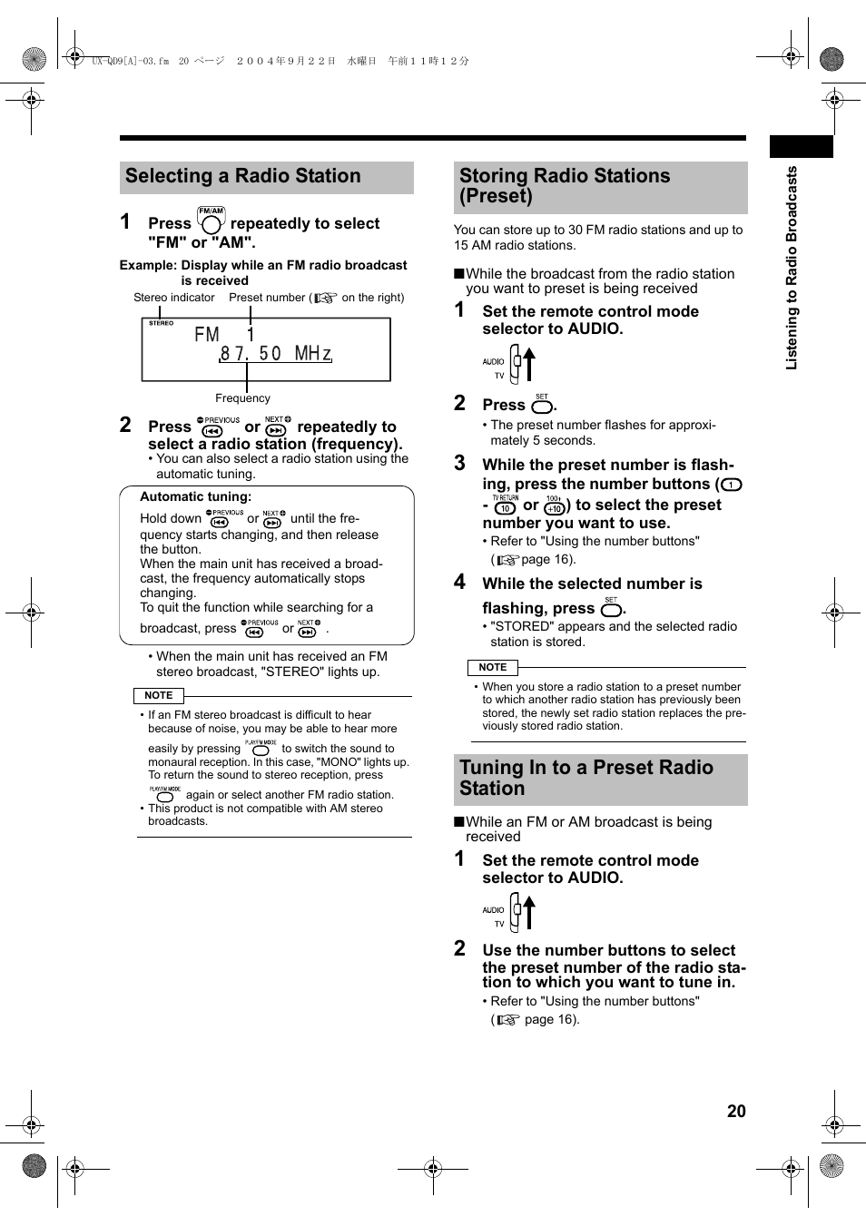 Selecting a radio station | JVC CA-UXQD9S User Manual | Page 23 / 174