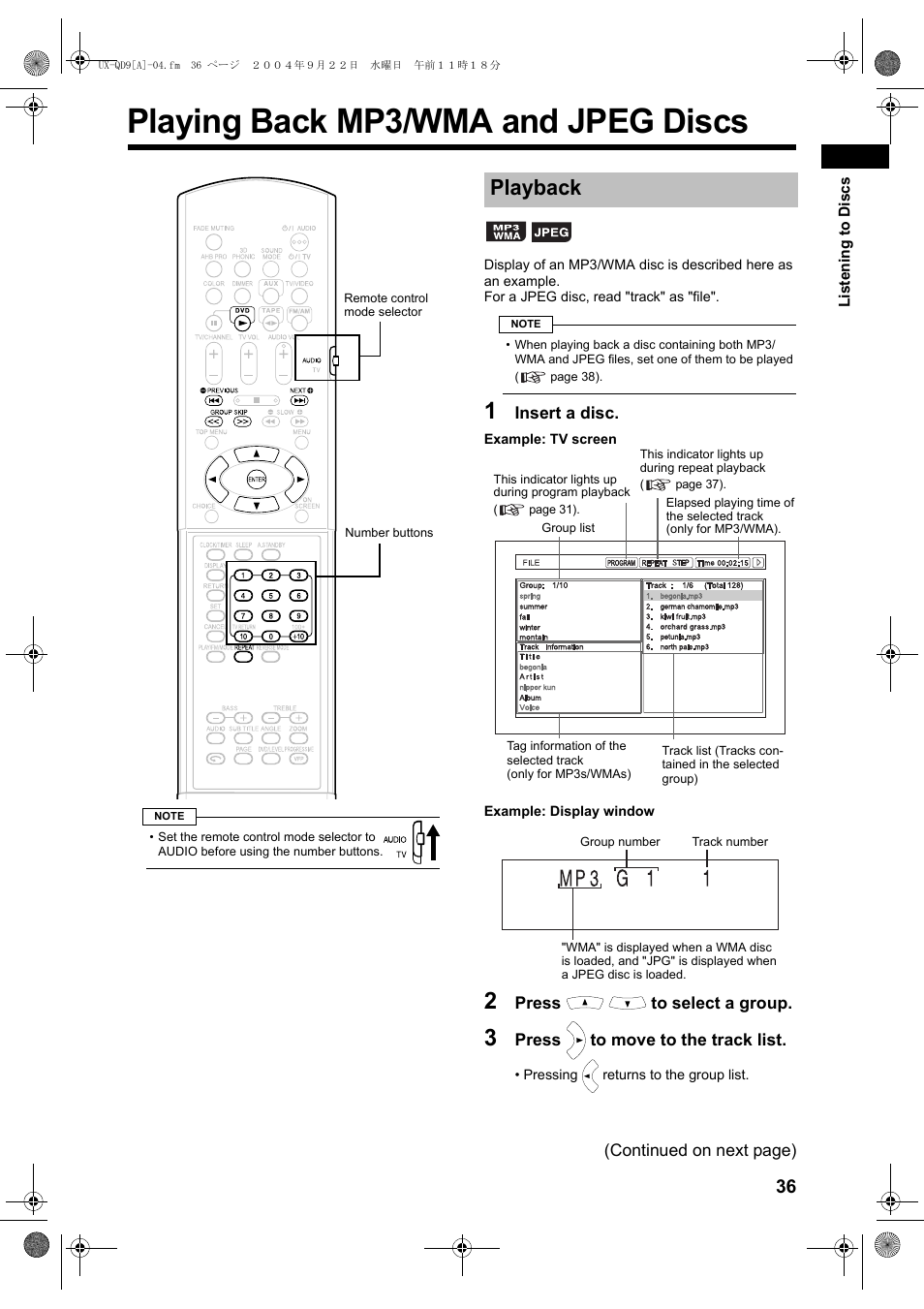 Playing back mp3/wma and jpeg discs, Playback | JVC CA-UXQD9S User Manual | Page 39 / 174