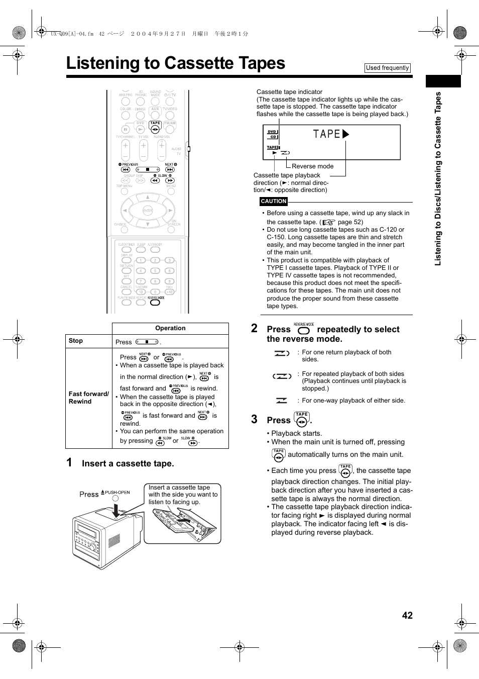 Listening to cassette tapes | JVC CA-UXQD9S User Manual | Page 45 / 174