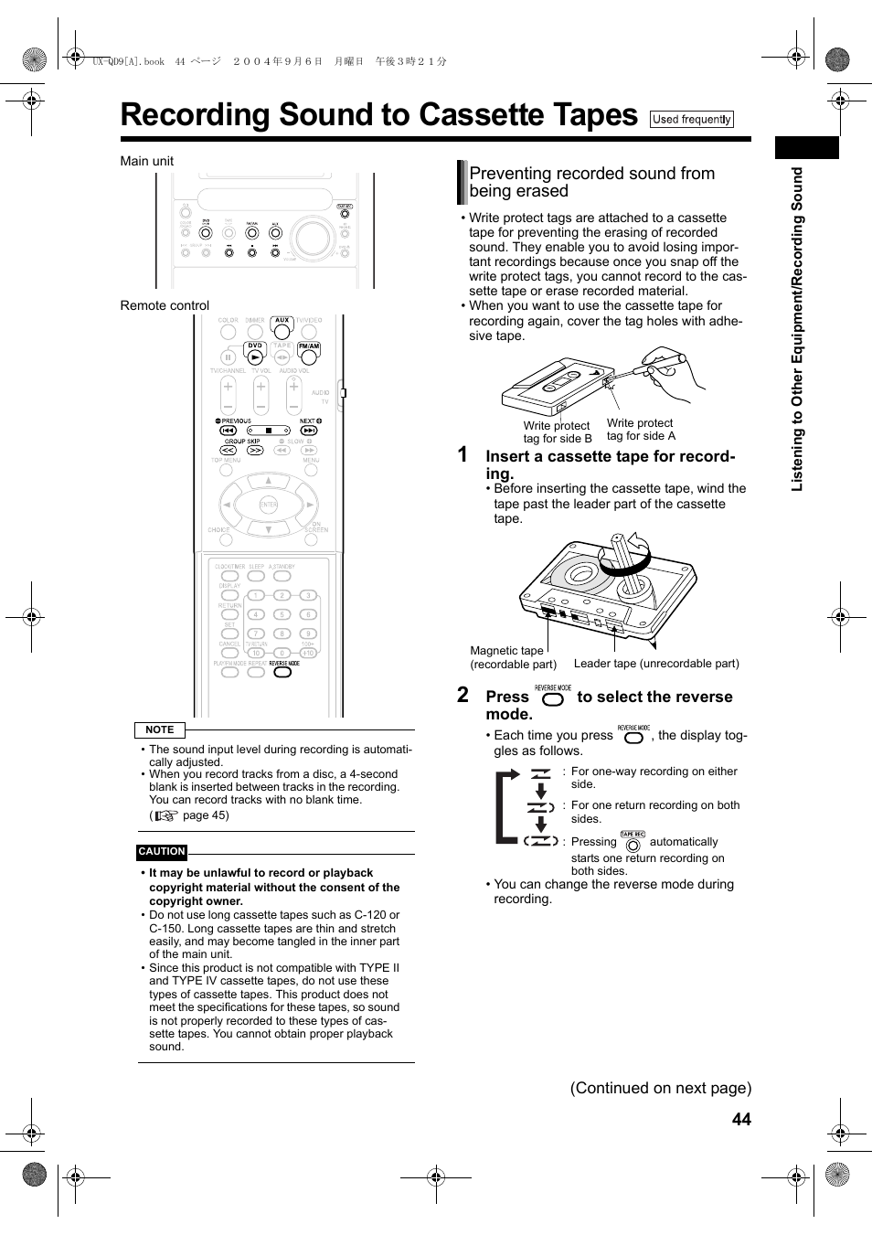 Recording sound to cassette tapes, Preventing recorded sound from being erased | JVC CA-UXQD9S User Manual | Page 47 / 174