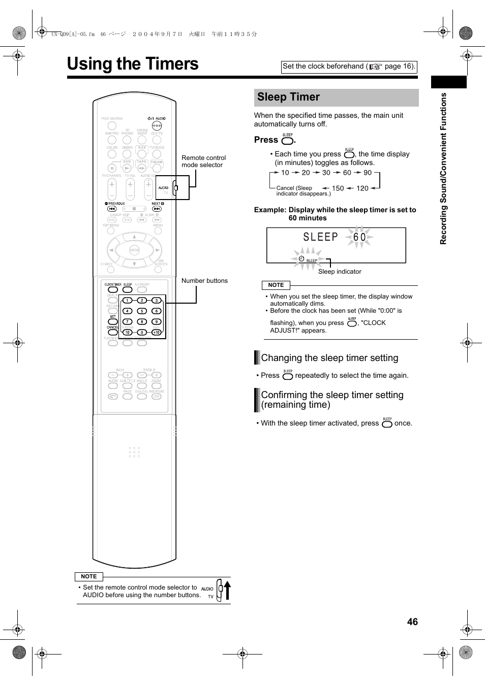 Using the timers, Sleep timer | JVC CA-UXQD9S User Manual | Page 49 / 174