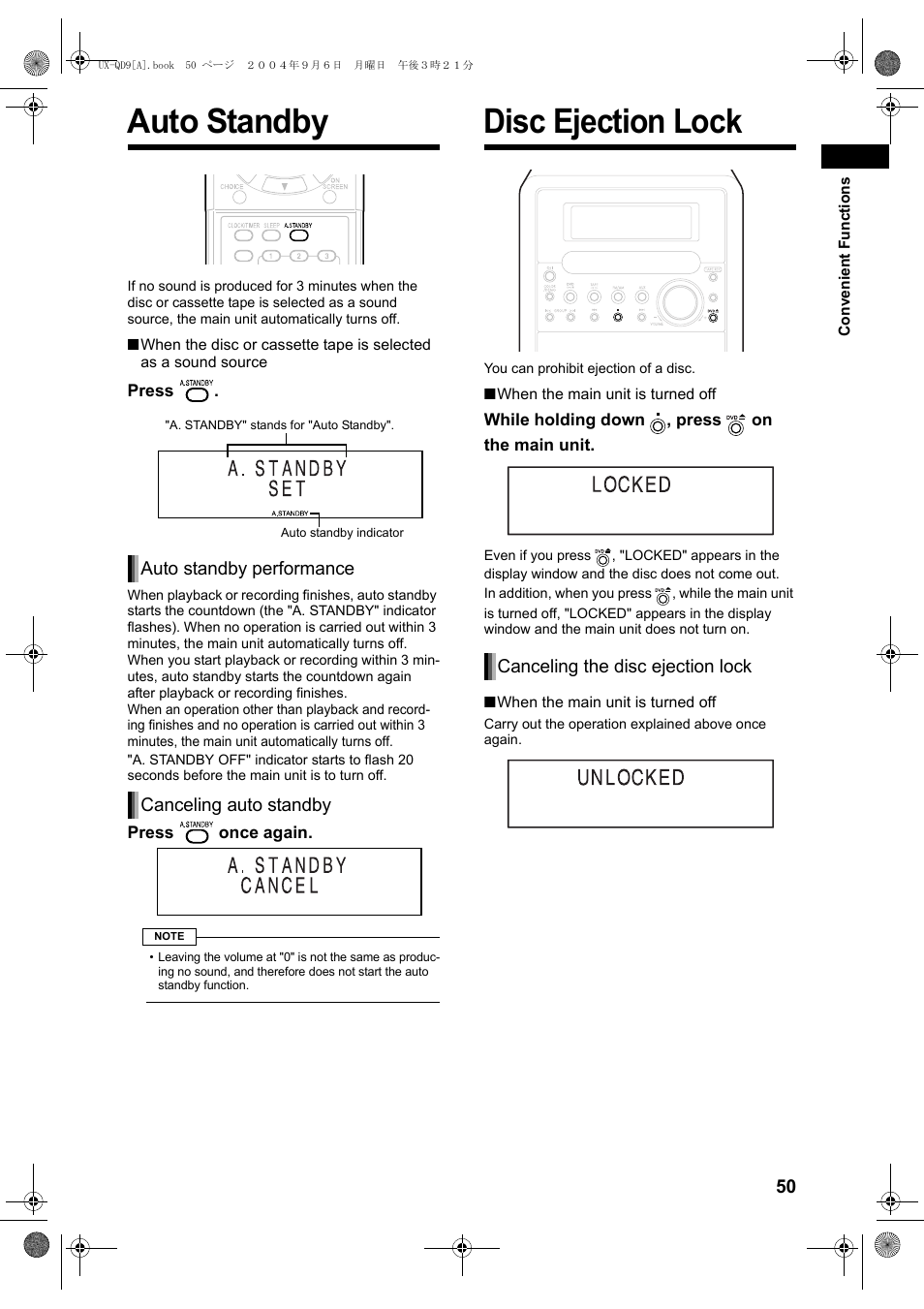 Auto standby, Disc ejection lock | JVC CA-UXQD9S User Manual | Page 53 / 174