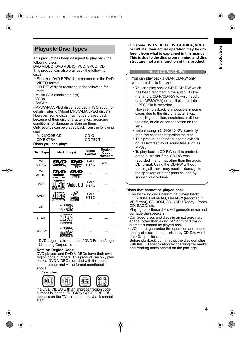 Playable disc types | JVC CA-UXQD9S User Manual | Page 7 / 174