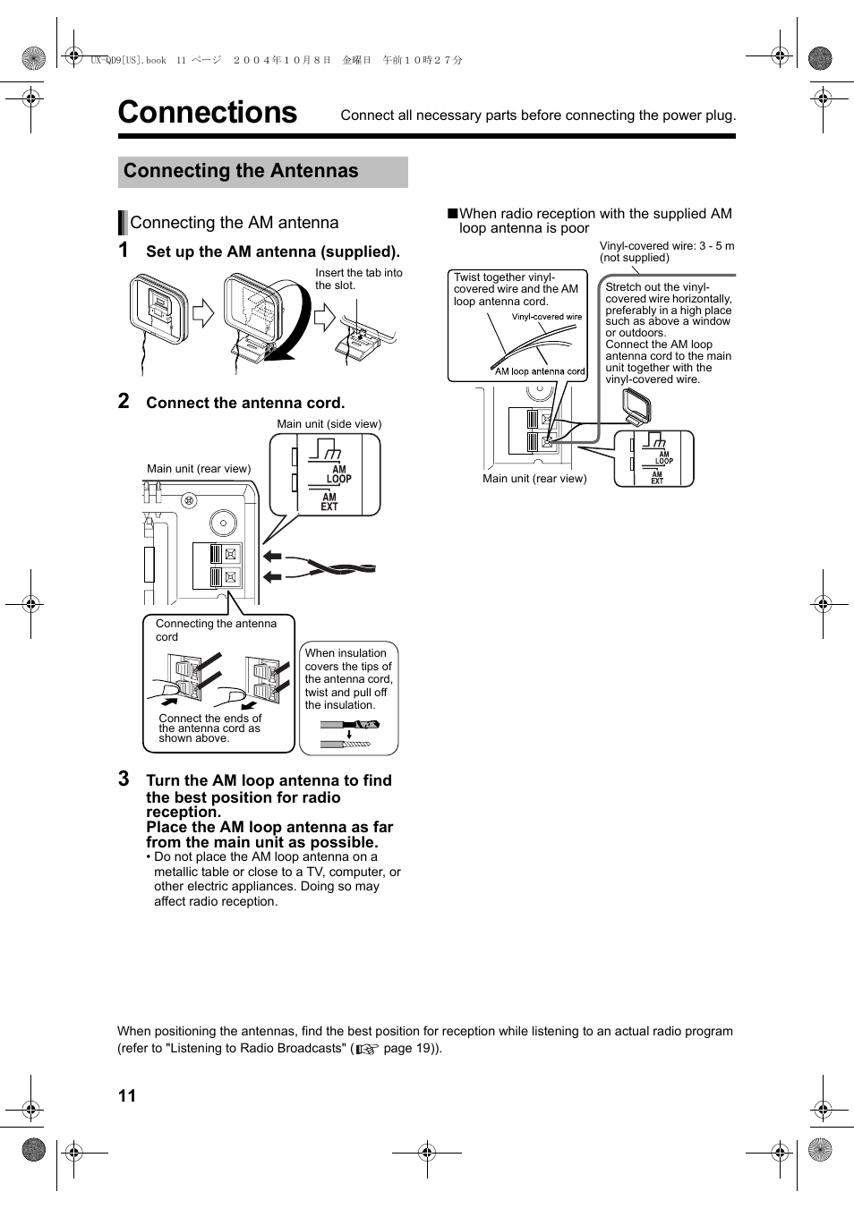 Connections, Connecting the antennas, Connecting the am antenna | JVC CA-UXQD9S User Manual | Page 72 / 174