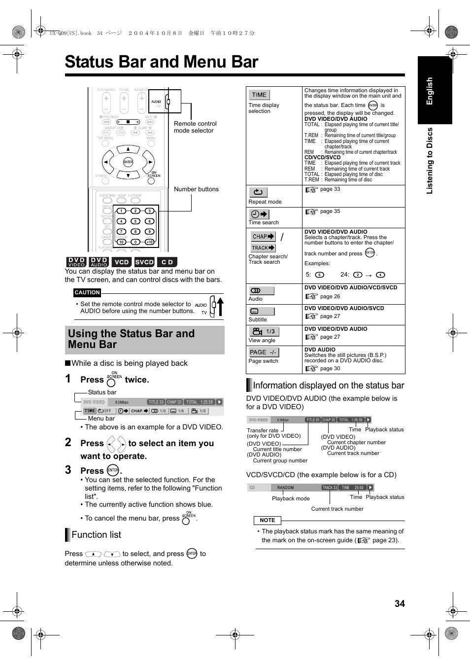 Status bar and menu bar, Using the status bar and menu bar, Function list | Information displayed on the status bar, Press twice, Press | JVC CA-UXQD9S User Manual | Page 95 / 174