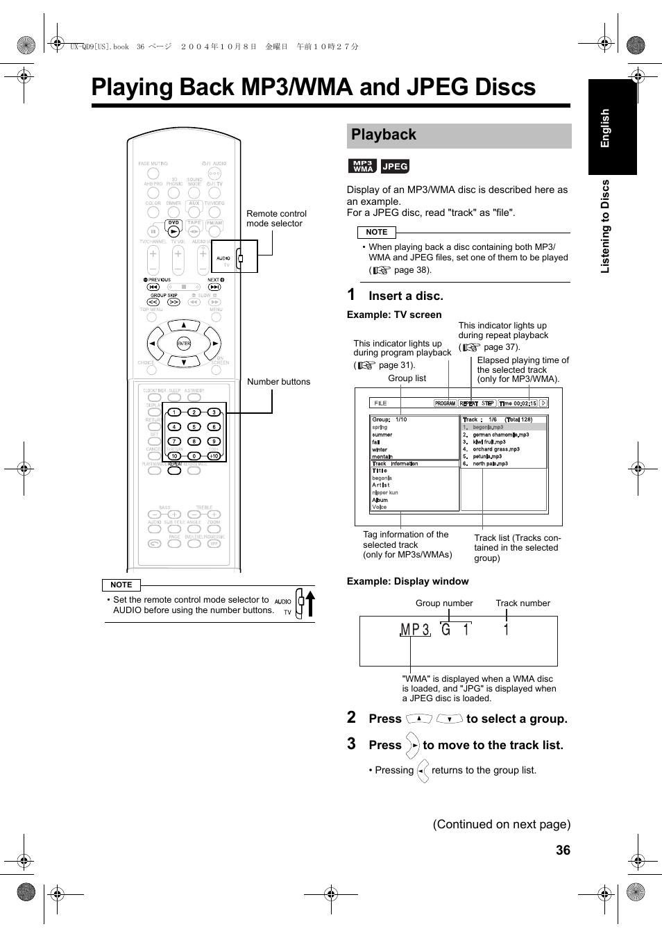 Playing back mp3/wma and jpeg discs, Playback | JVC CA-UXQD9S User Manual | Page 97 / 174