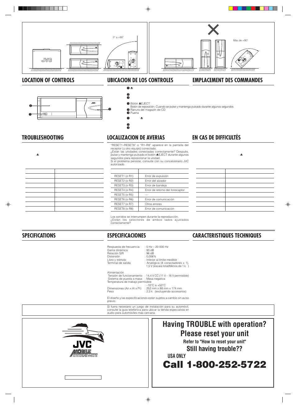 Still having trouble, Localizacion de averias, Troubleshooting | En cas de difficultés, We can help you, Usa only, Refer to "how to reset your unit | JVC CH-X1000/X400 User Manual | Page 3 / 6