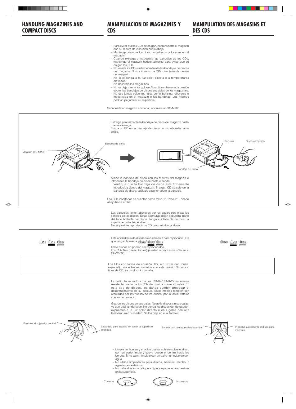 Handling magazines and compact discs, Manipulacion de magazines y cds, Manipulation des magasins et des cds | How to handle the magazines, Cómo manipular los magazines, Manipulation des magasins, Colocación de cds, How to load cds, Chargement des cds, Manipulation des cds (cd/cd-r/cd-rw) | JVC CH-X1000/X400 User Manual | Page 5 / 6