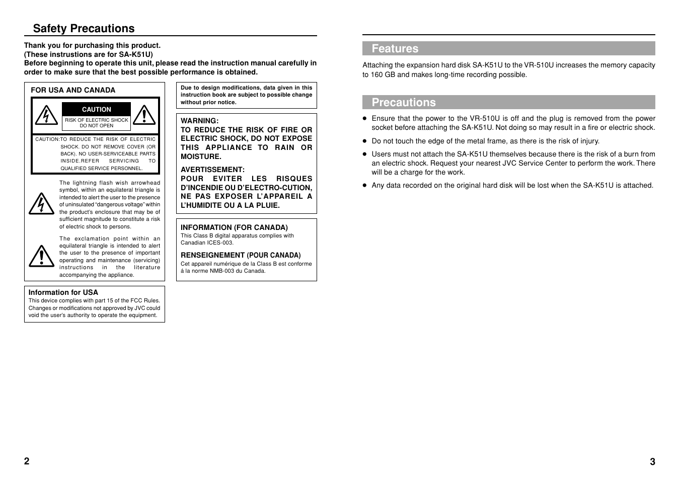 Features, Precautions, Safety precautions | JVC SA-K51U User Manual | Page 3 / 6
