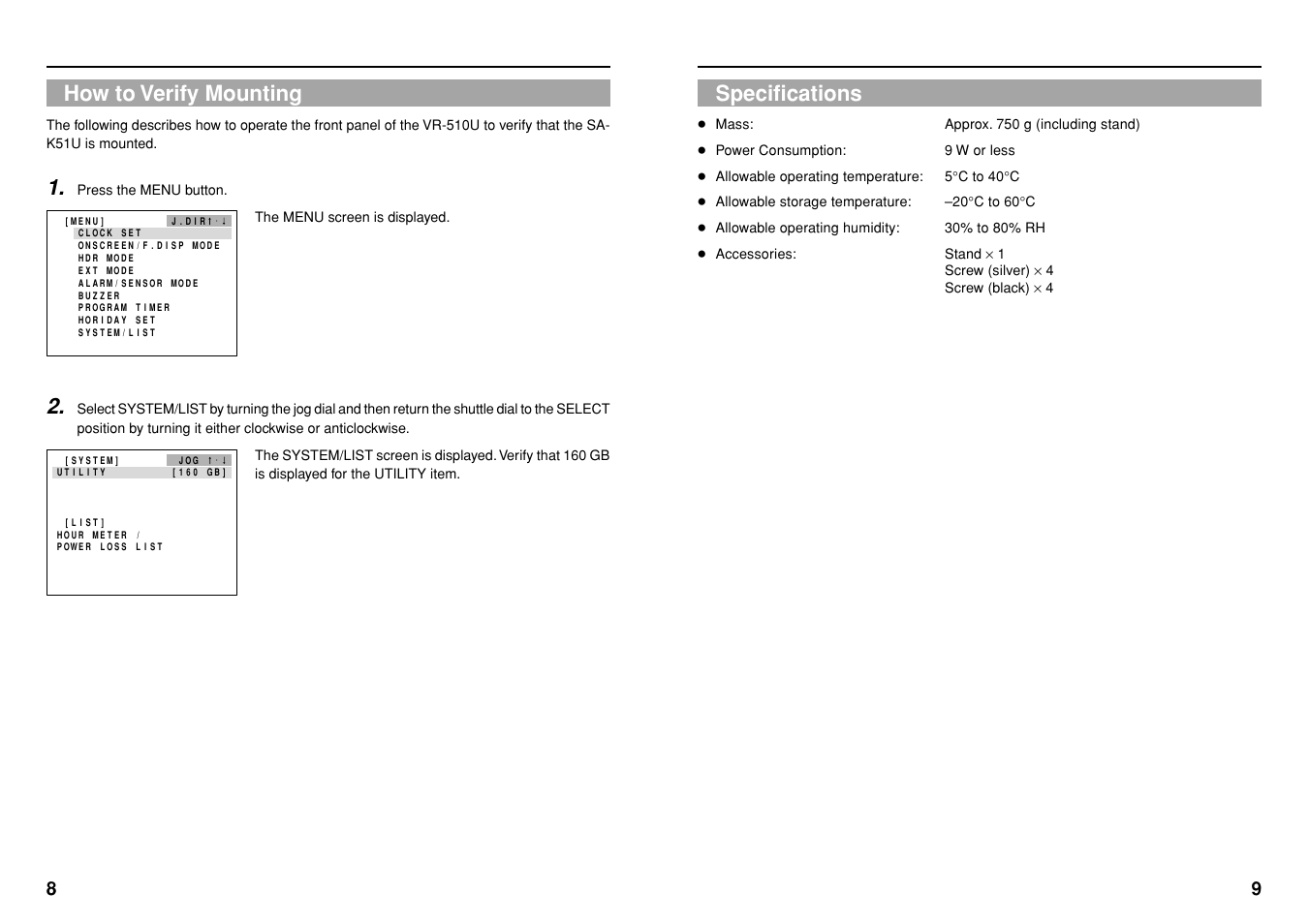 How to verify mounting, Specifications | JVC SA-K51U User Manual | Page 6 / 6