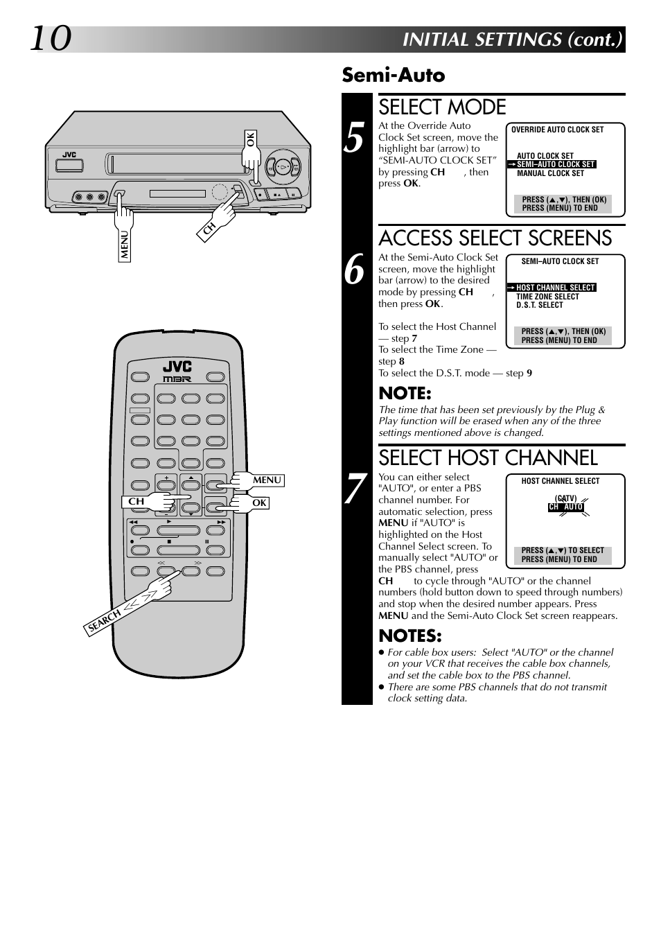 Select mode, Access select screens, Select host channel | Initial settings (cont.), Semi-auto | JVC HR-A63U (Hi-Fi) User Manual | Page 10 / 48