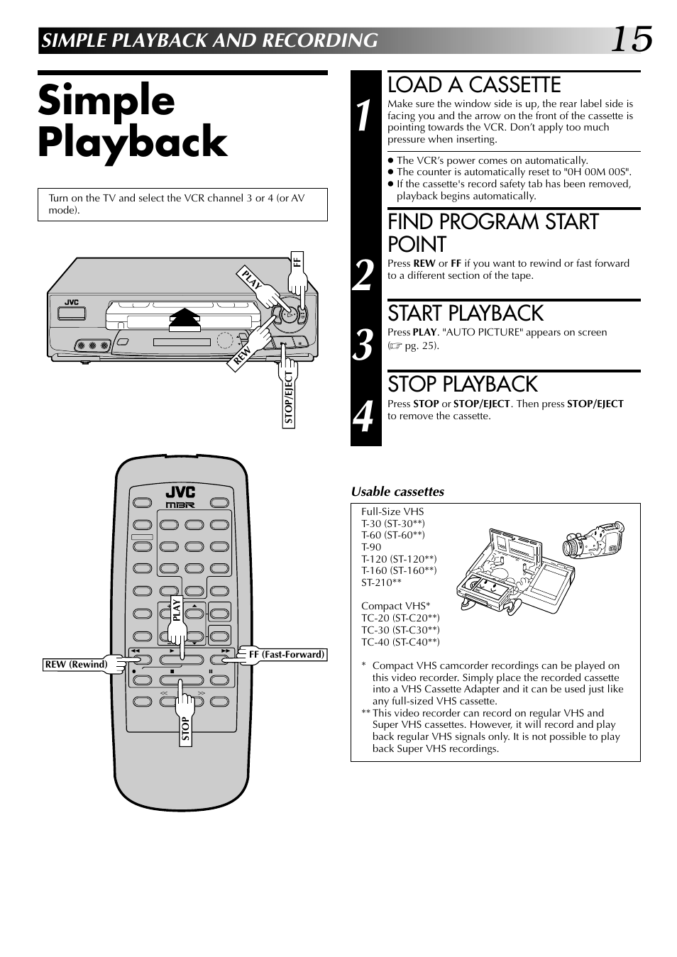 Simple playback, Load a cassette, Find program start point | Start playback, Stop playback, Simple playback and recording | JVC HR-A63U (Hi-Fi) User Manual | Page 15 / 48
