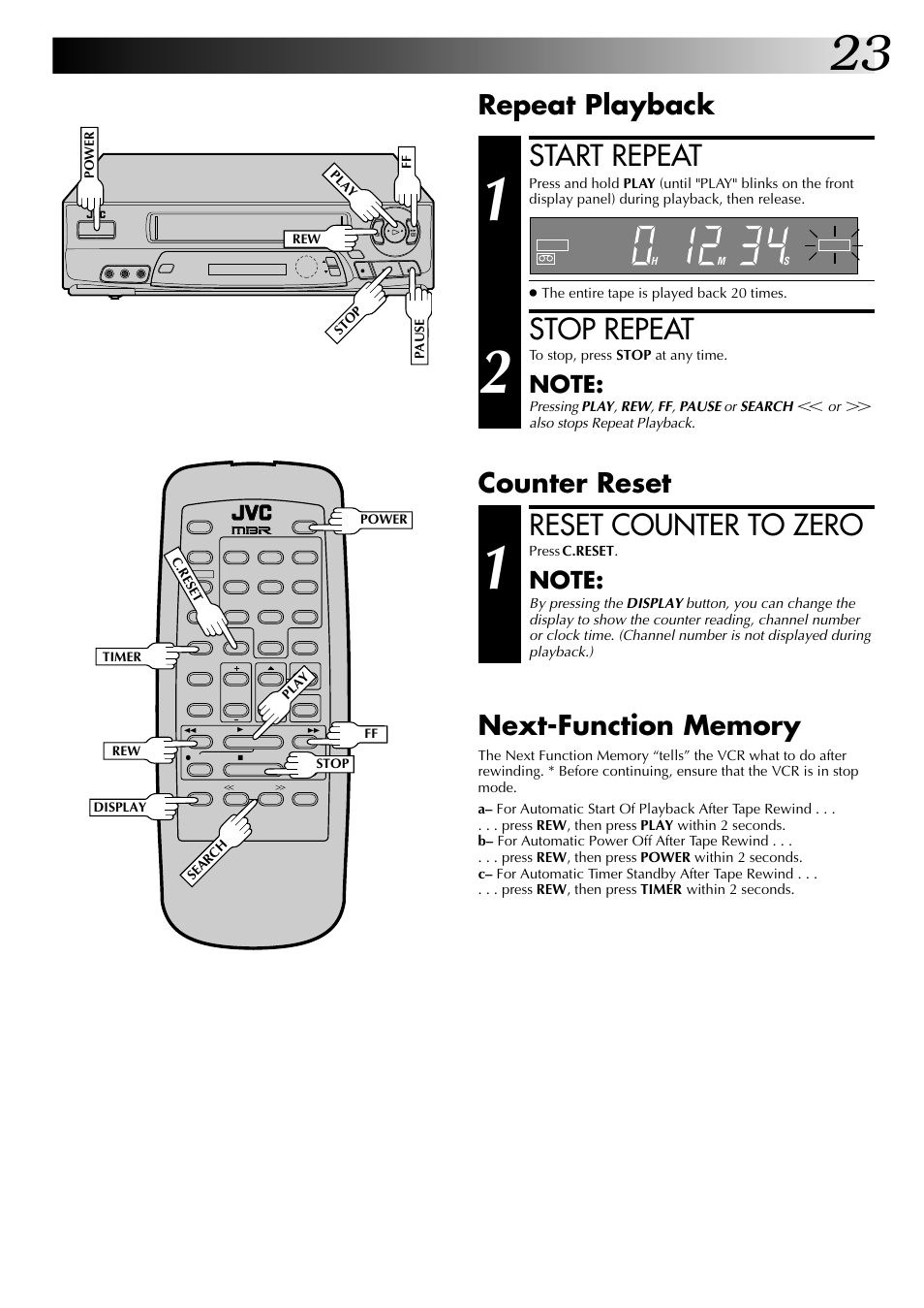 Start repeat, Stop repeat, Reset counter to zero | Repeat playback | JVC HR-A63U (Hi-Fi) User Manual | Page 23 / 48