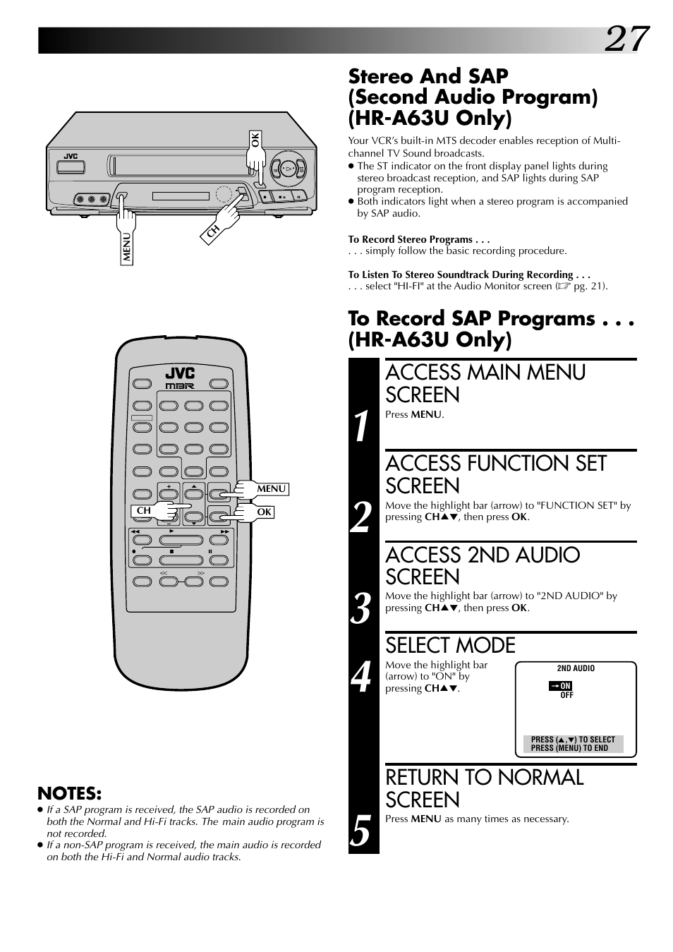 Access main menu screen, Access function set screen, Access 2nd audio screen | Select mode, Return to normal screen | JVC HR-A63U (Hi-Fi) User Manual | Page 27 / 48