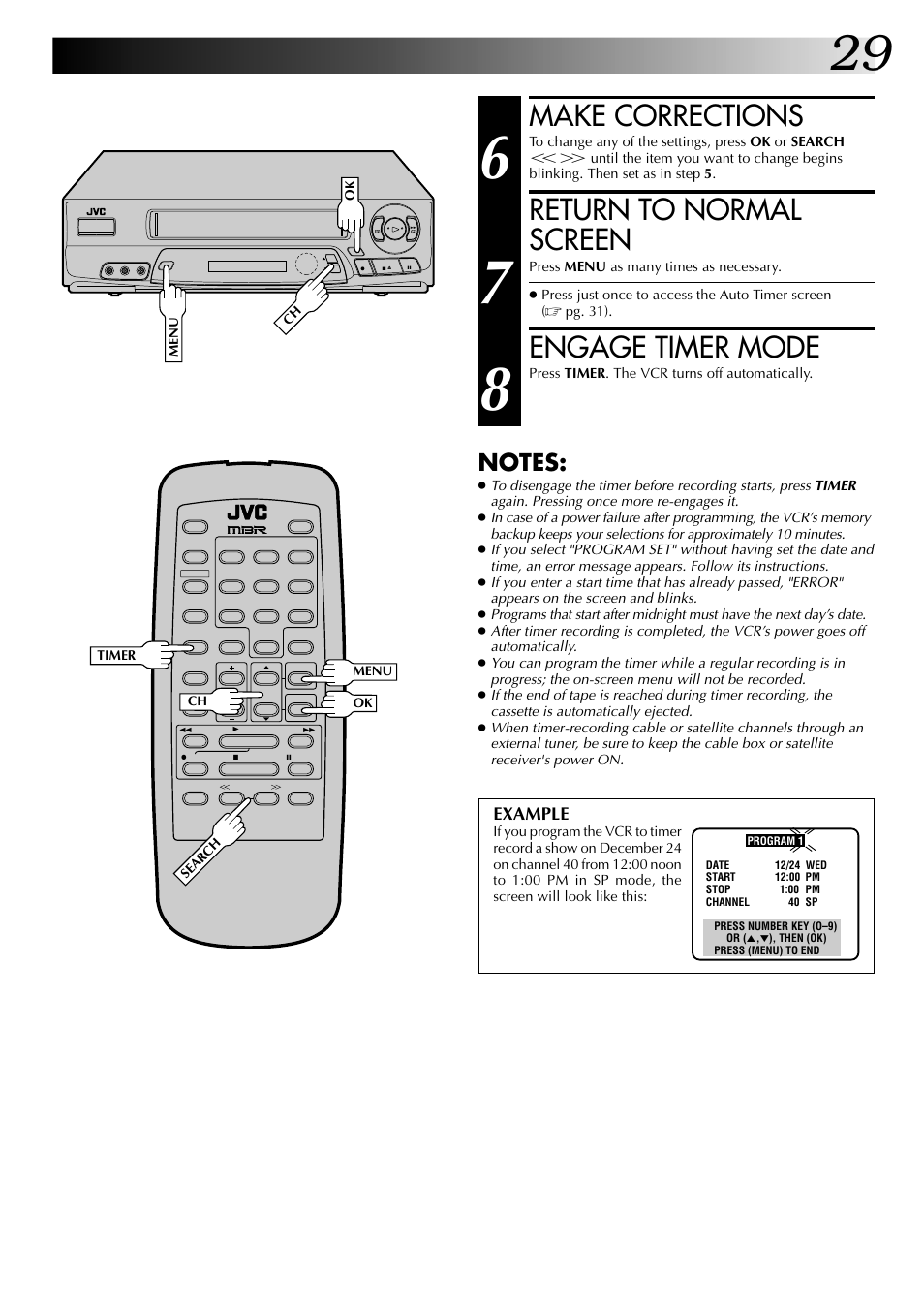 Make corrections, Return to normal screen, Engage timer mode | JVC HR-A63U (Hi-Fi) User Manual | Page 29 / 48