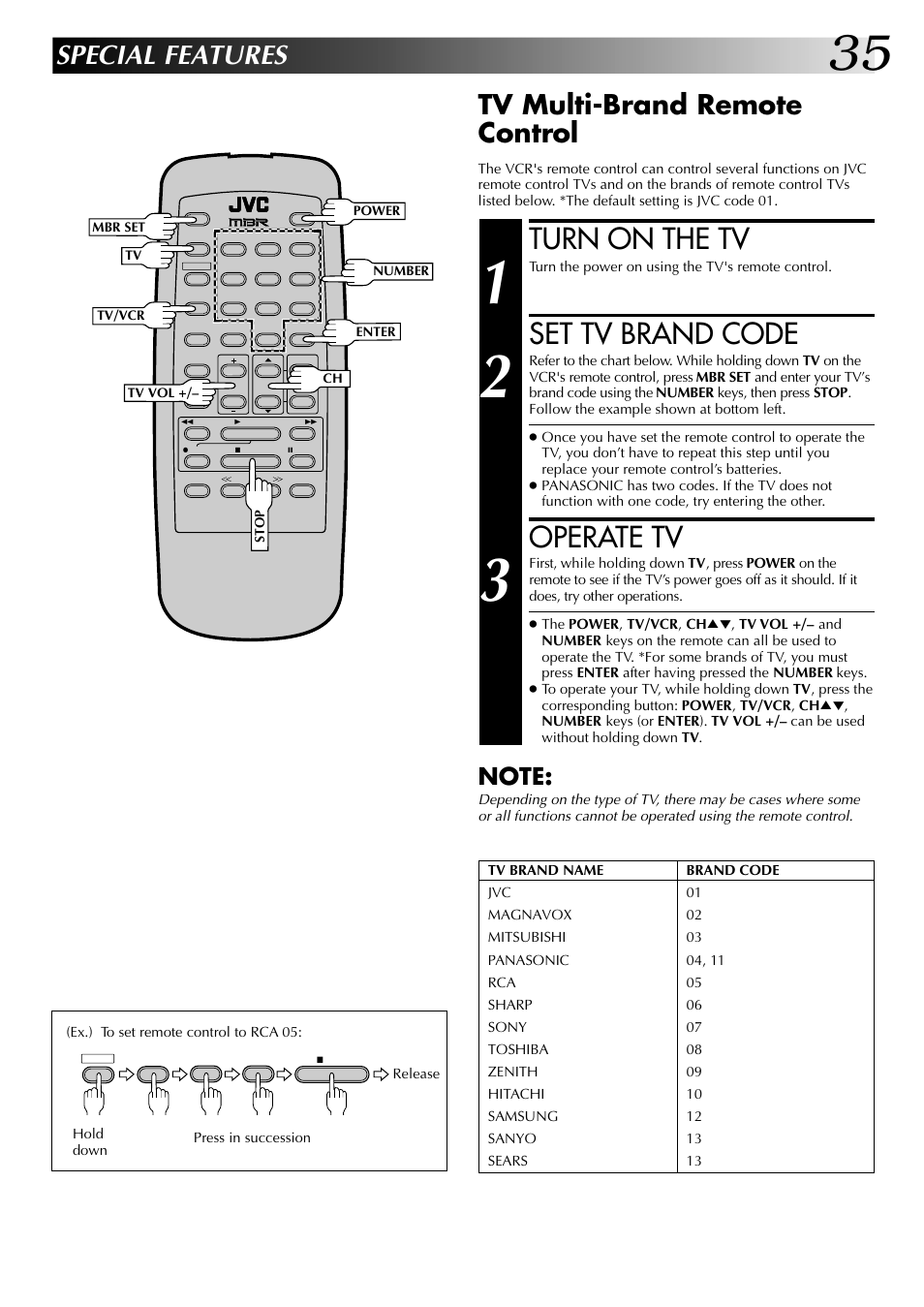 Turn on the tv, Set tv brand code, Operate tv | Special features, Tv multi-brand remote control | JVC HR-A63U (Hi-Fi) User Manual | Page 35 / 48