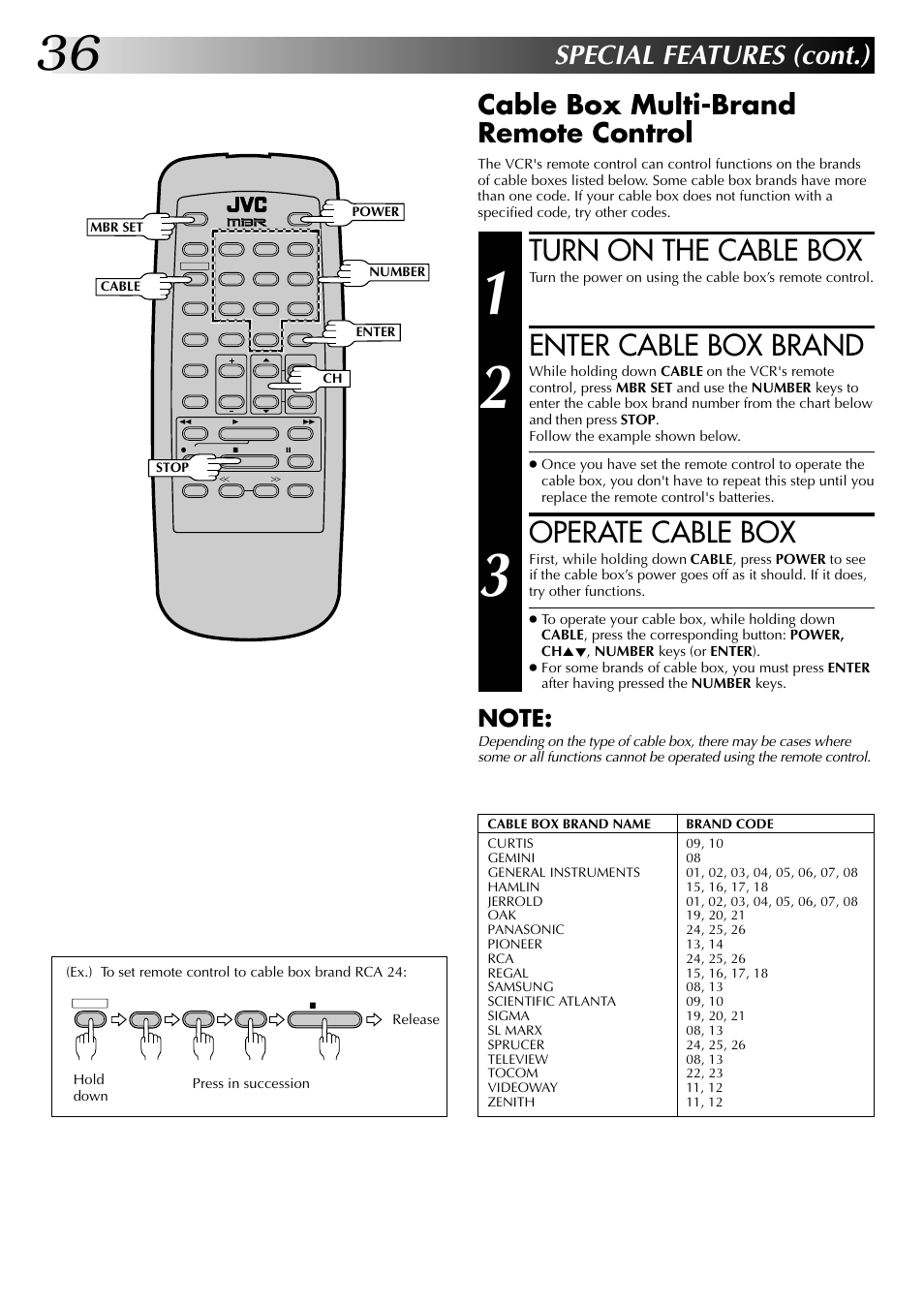 Turn on the cable box, Enter cable box brand, Operate cable box | Special features (cont.), Cable box multi-brand remote control | JVC HR-A63U (Hi-Fi) User Manual | Page 36 / 48