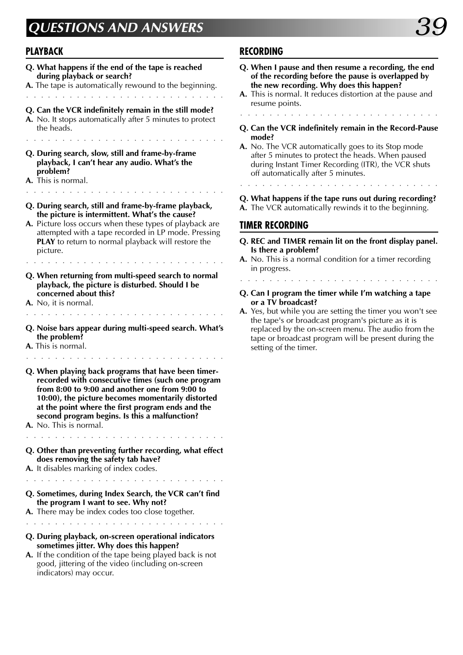 Questions and answers, Playback, Recording | Timer recording | JVC HR-A63U (Hi-Fi) User Manual | Page 39 / 48