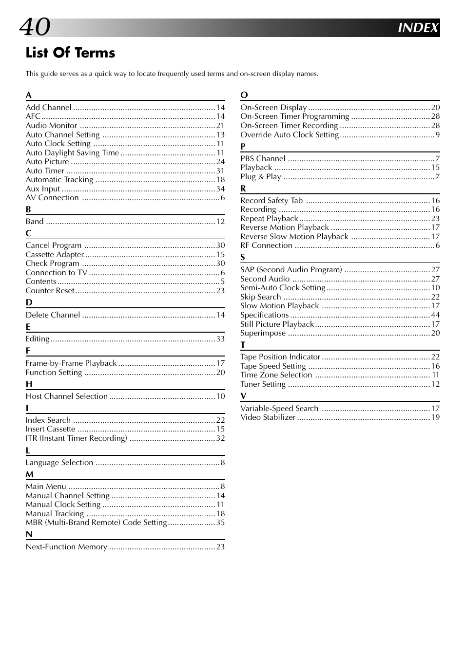 Index, List of terms | JVC HR-A63U (Hi-Fi) User Manual | Page 40 / 48