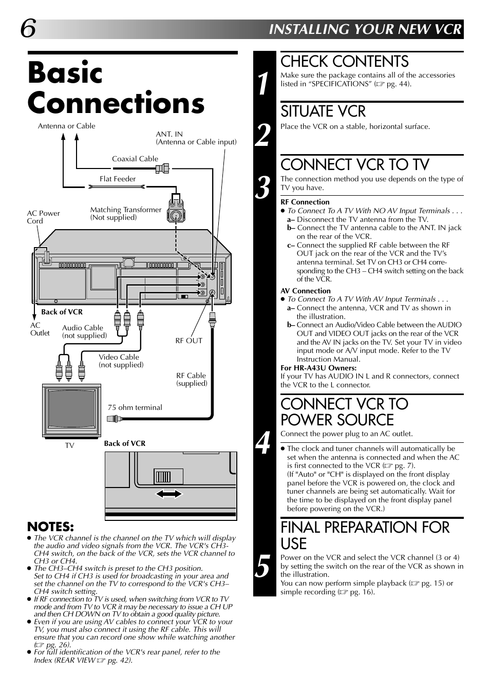 Basic connections, Check contents, Situate vcr | Connect vcr to tv, Connect vcr to power source, Final preparation for use, Installing your new vcr | JVC HR-A63U (Hi-Fi) User Manual | Page 6 / 48