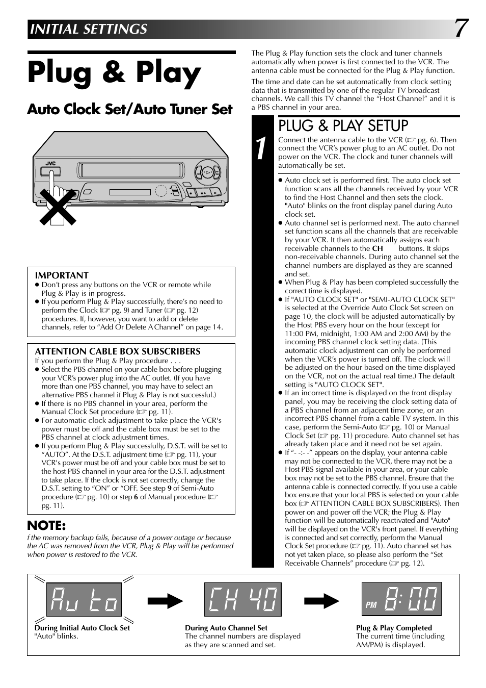 Plug & play, Plug & play setup, Initial settings | Auto clock set/auto tuner set | JVC HR-A63U (Hi-Fi) User Manual | Page 7 / 48