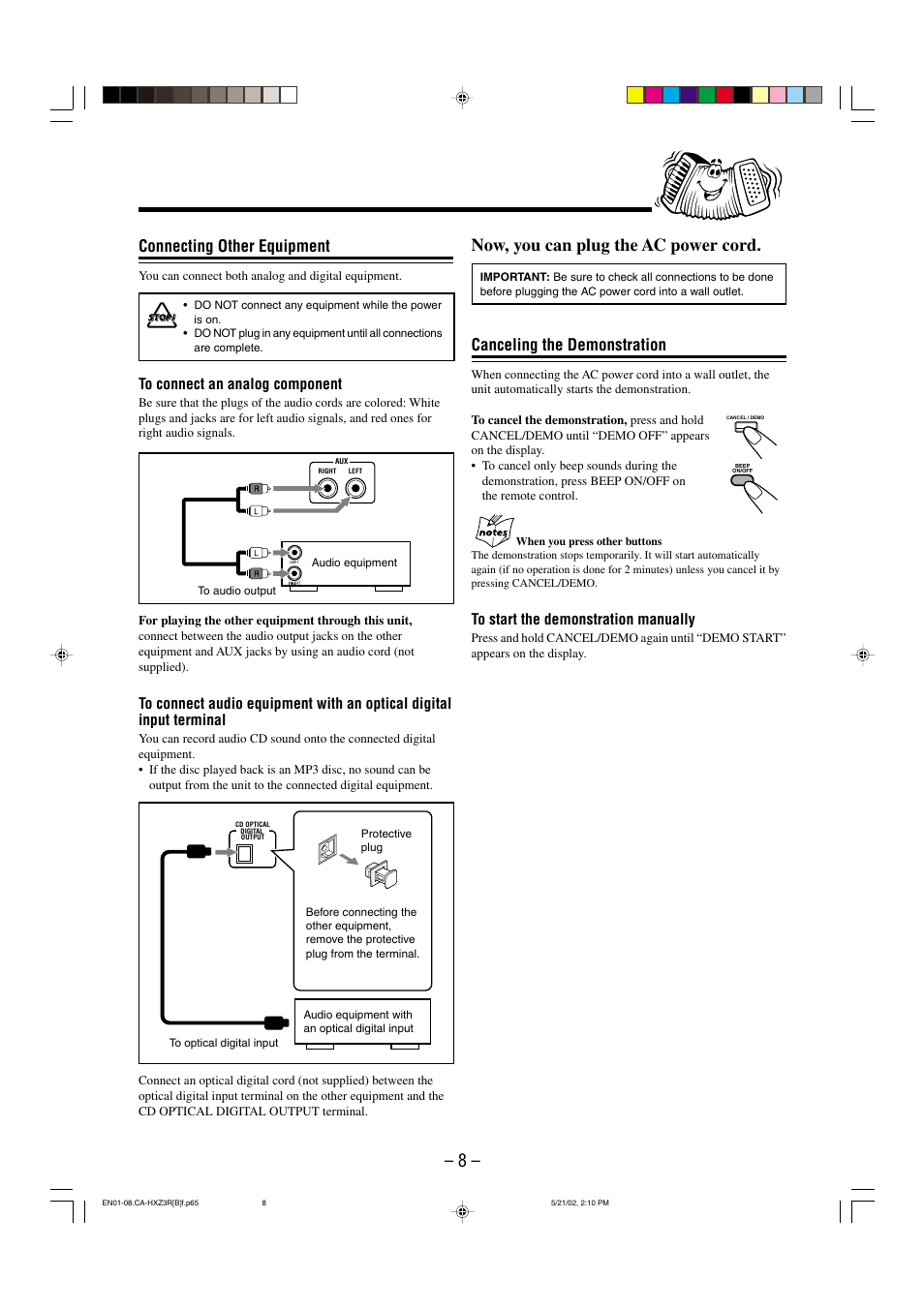 Now, you can plug the ac power cord, Connecting other equipment, Canceling the demonstration | JVC CA-HXZ3R User Manual | Page 11 / 47