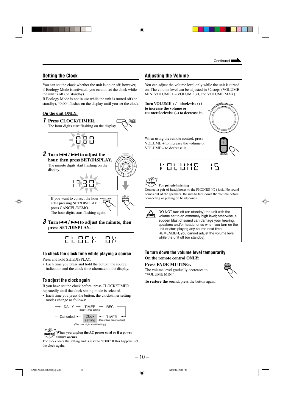 Adjusting the volume, Setting the clock, Press fade muting | Press clock/timer | JVC CA-HXZ3R User Manual | Page 13 / 47