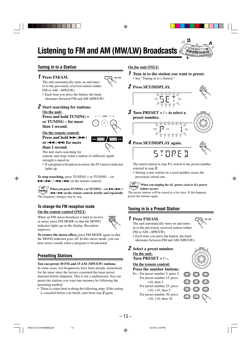 Listening to fm and am (mw/lw) broadcasts, Tuning in to a station, Presetting stations | Tuning in to a preset station | JVC CA-HXZ3R User Manual | Page 16 / 47