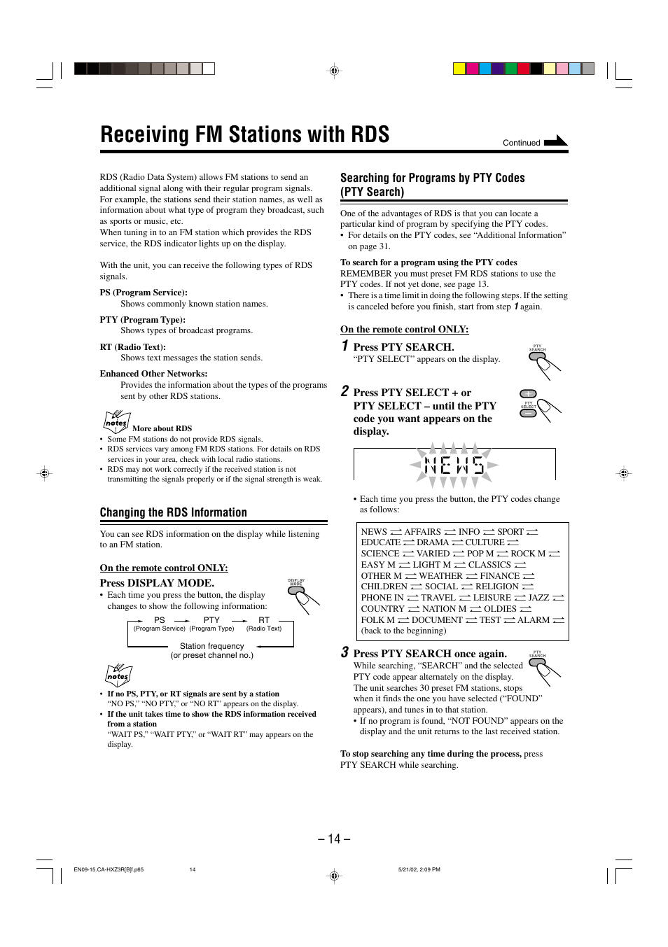 Receiving fm stations with rds, Changing the rds information, Searching for programs by pty codes (pty search) | JVC CA-HXZ3R User Manual | Page 17 / 47