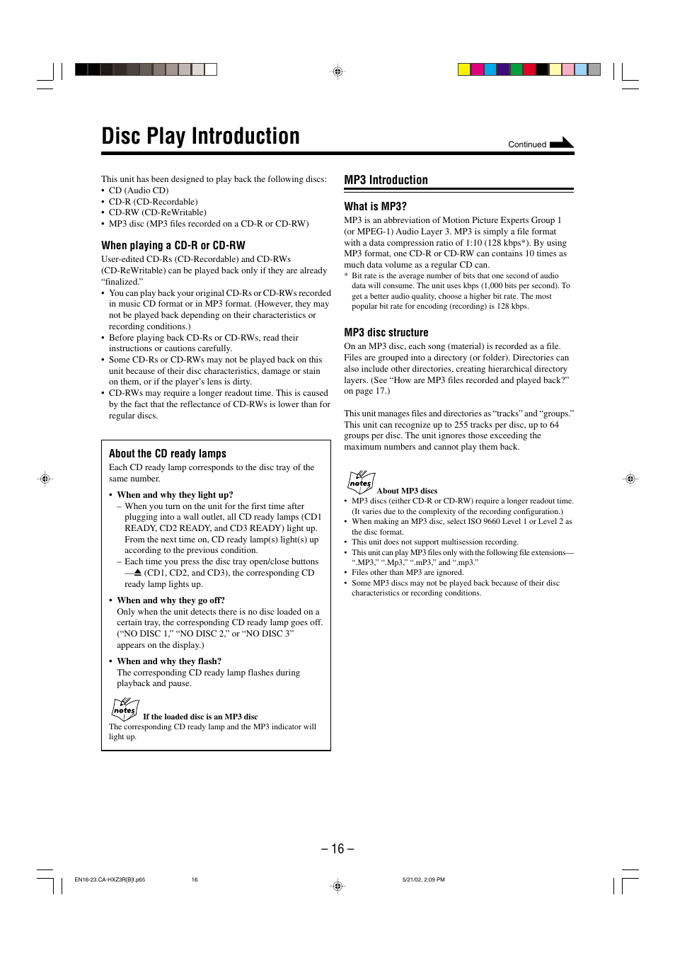 Disc play introduction, Mp3 introduction | JVC CA-HXZ3R User Manual | Page 19 / 47