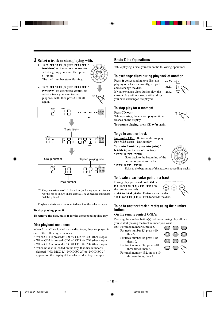 Basic disc operations, Select a track to start playing with, Disc playback sequence | On the remote control only | JVC CA-HXZ3R User Manual | Page 22 / 47