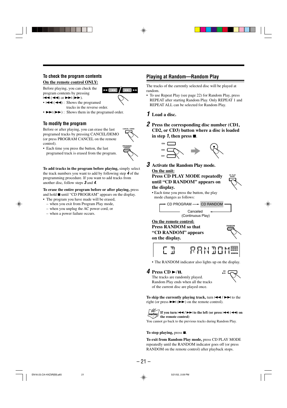 Playing at random—random play, Load a disc, Then press 7 | Activate the random play mode, Press cd 3¥8 | JVC CA-HXZ3R User Manual | Page 24 / 47