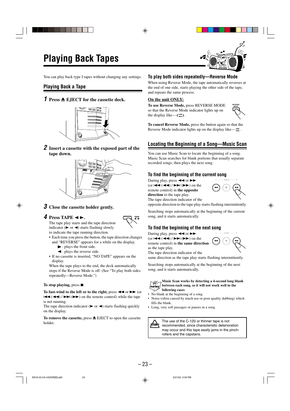 Playing back tapes, Playing back a tape, Locating the beginning of a song—music scan | JVC CA-HXZ3R User Manual | Page 26 / 47