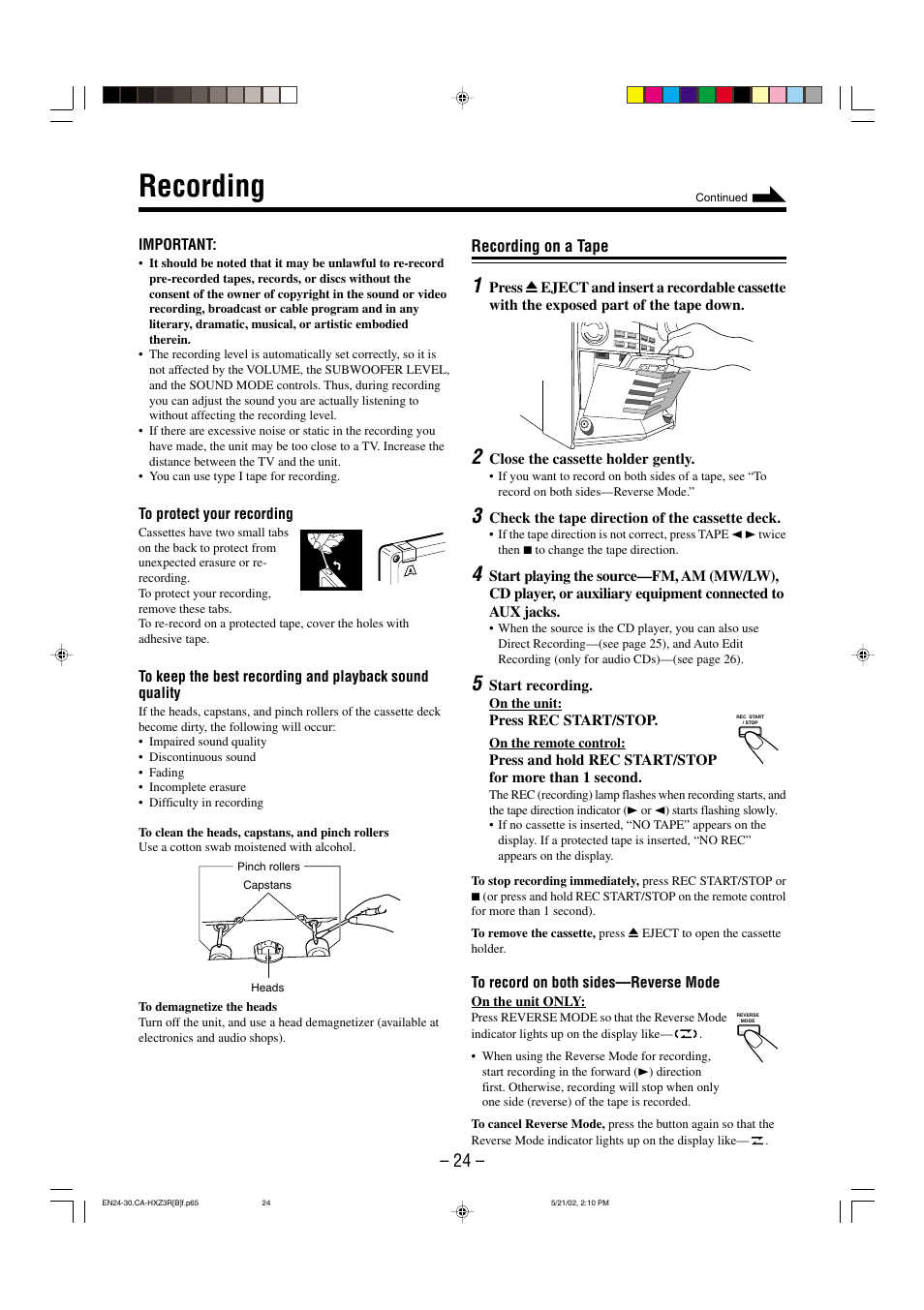 Recording, Recording on a tape | JVC CA-HXZ3R User Manual | Page 27 / 47