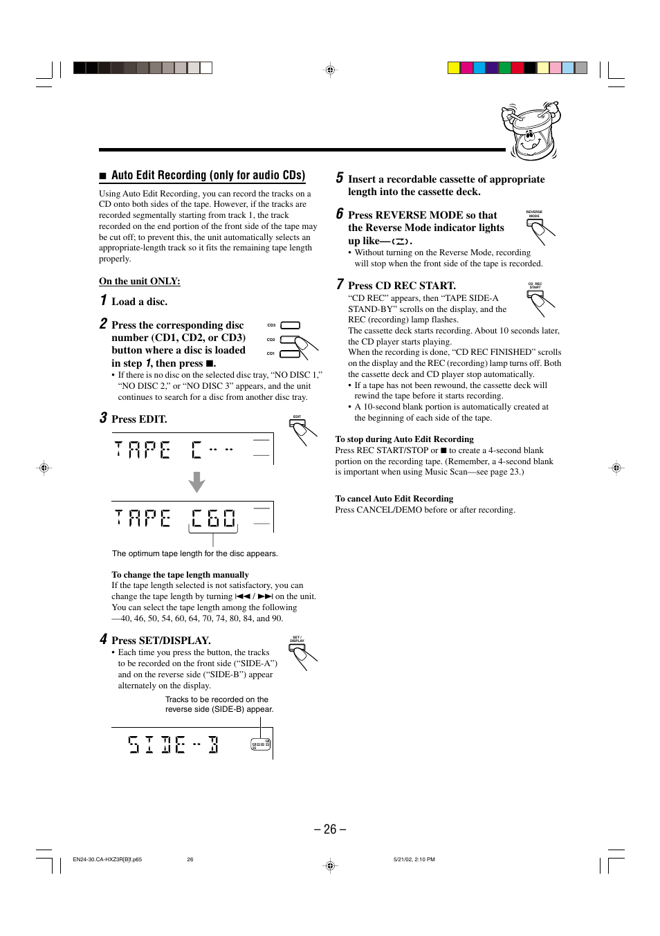 Auto edit recording (only for audio cds) | JVC CA-HXZ3R User Manual | Page 29 / 47