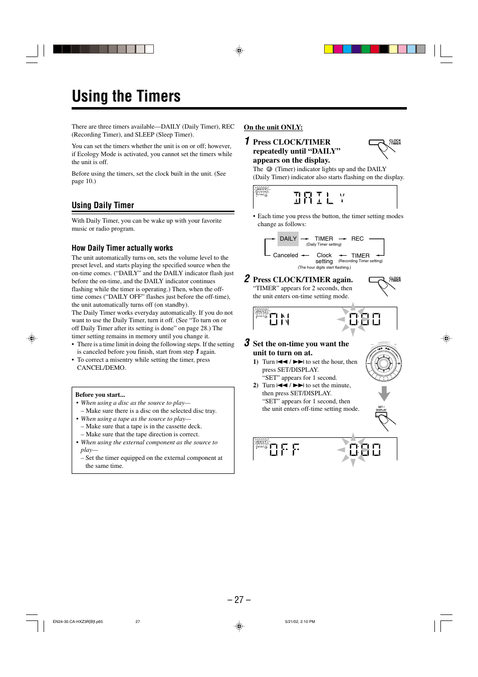 Using the timers, Using daily timer | JVC CA-HXZ3R User Manual | Page 30 / 47