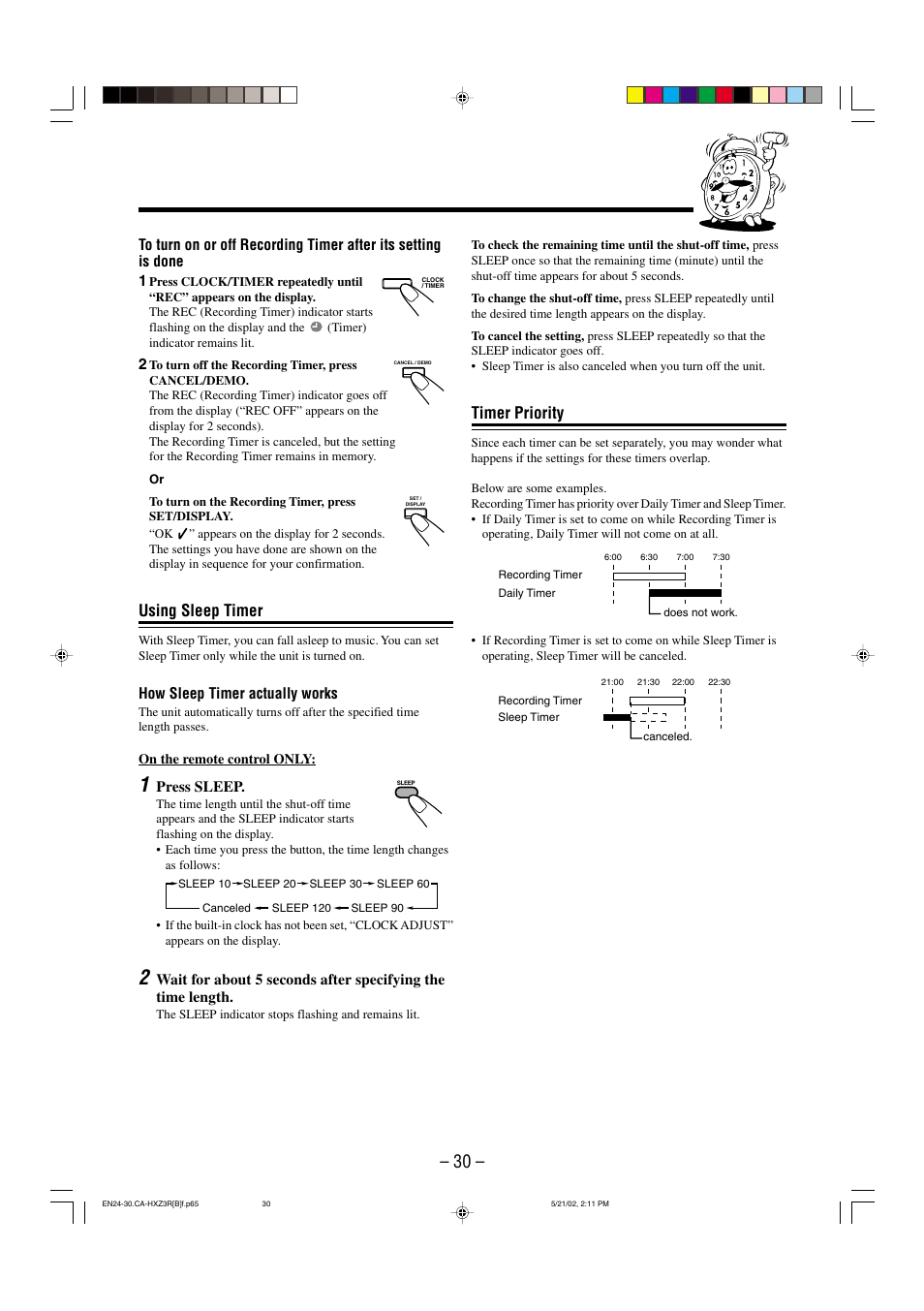 Using sleep timer, Timer priority | JVC CA-HXZ3R User Manual | Page 33 / 47