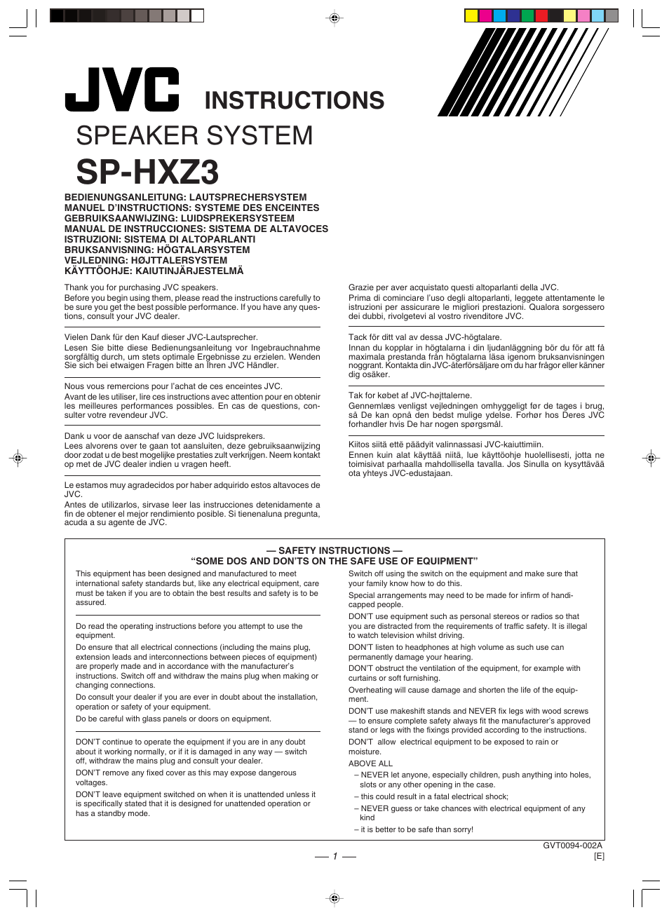 Sp-hxz3, Speaker system, Instructions | JVC CA-HXZ3R User Manual | Page 42 / 47