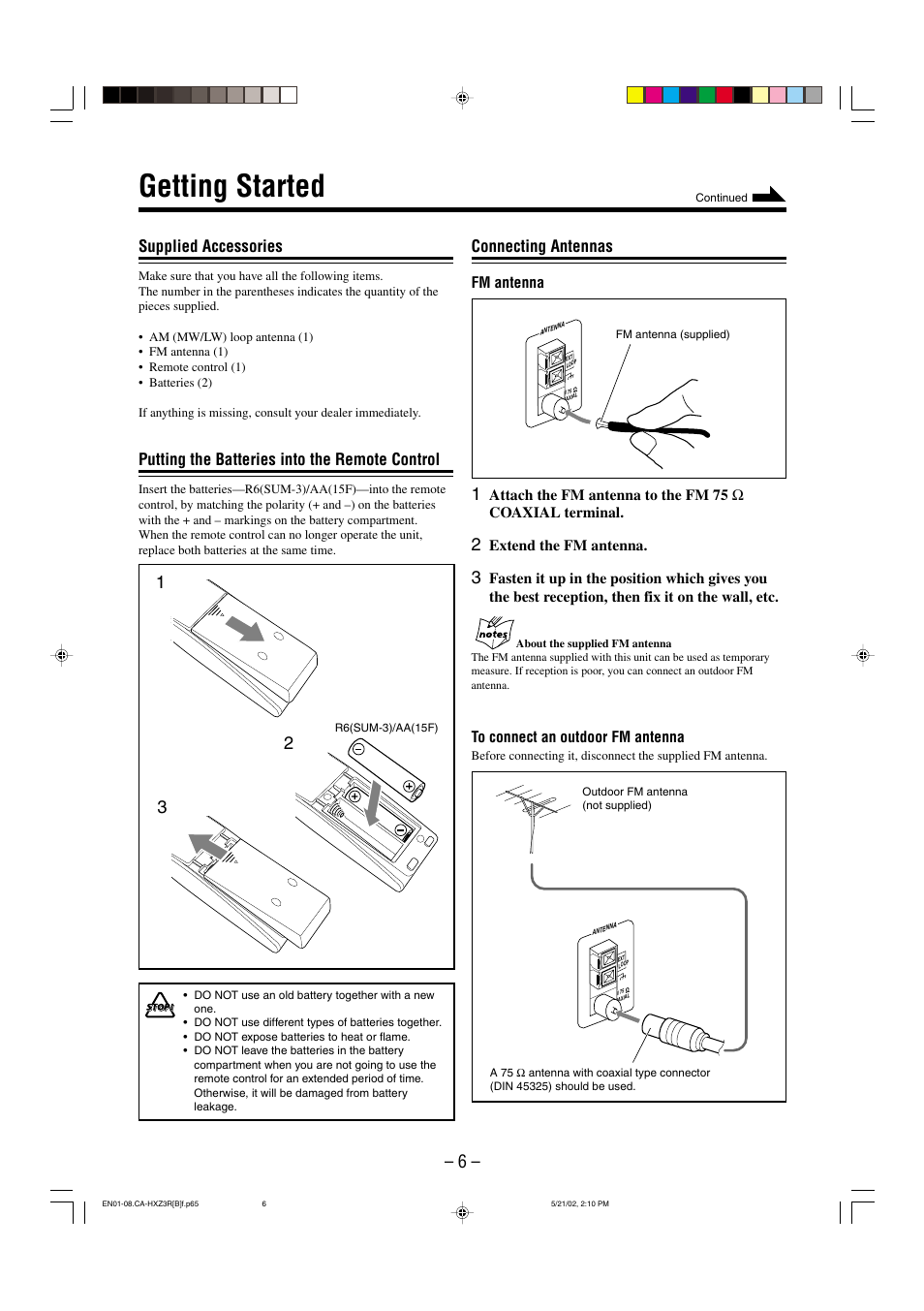 Getting started, Supplied accessories, Putting the batteries into the remote control | Connecting antennas | JVC CA-HXZ3R User Manual | Page 9 / 47