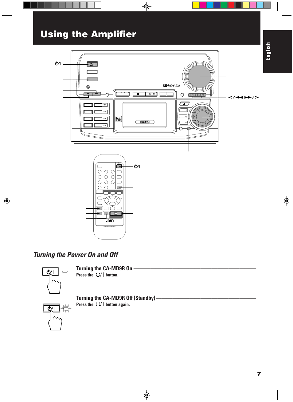 Using the amplifier, Turning the power on and off, English | Turning the ca-md9r on, Turning the ca-md9r off (standby), Sound bass | JVC CA-MD9R User Manual | Page 11 / 63