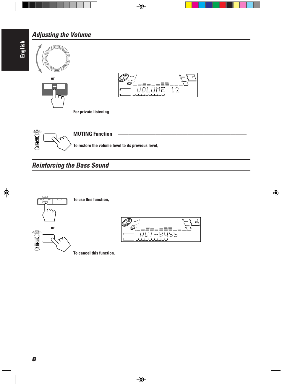 Adjusting the volume, Reinforcing the bass sound, English | Muting function, Mute, Active bass ex | JVC CA-MD9R User Manual | Page 12 / 63