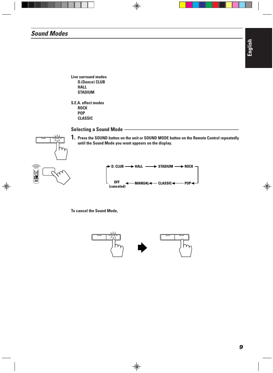 Sound modes, English, Selecting a sound mode | JVC CA-MD9R User Manual | Page 13 / 63